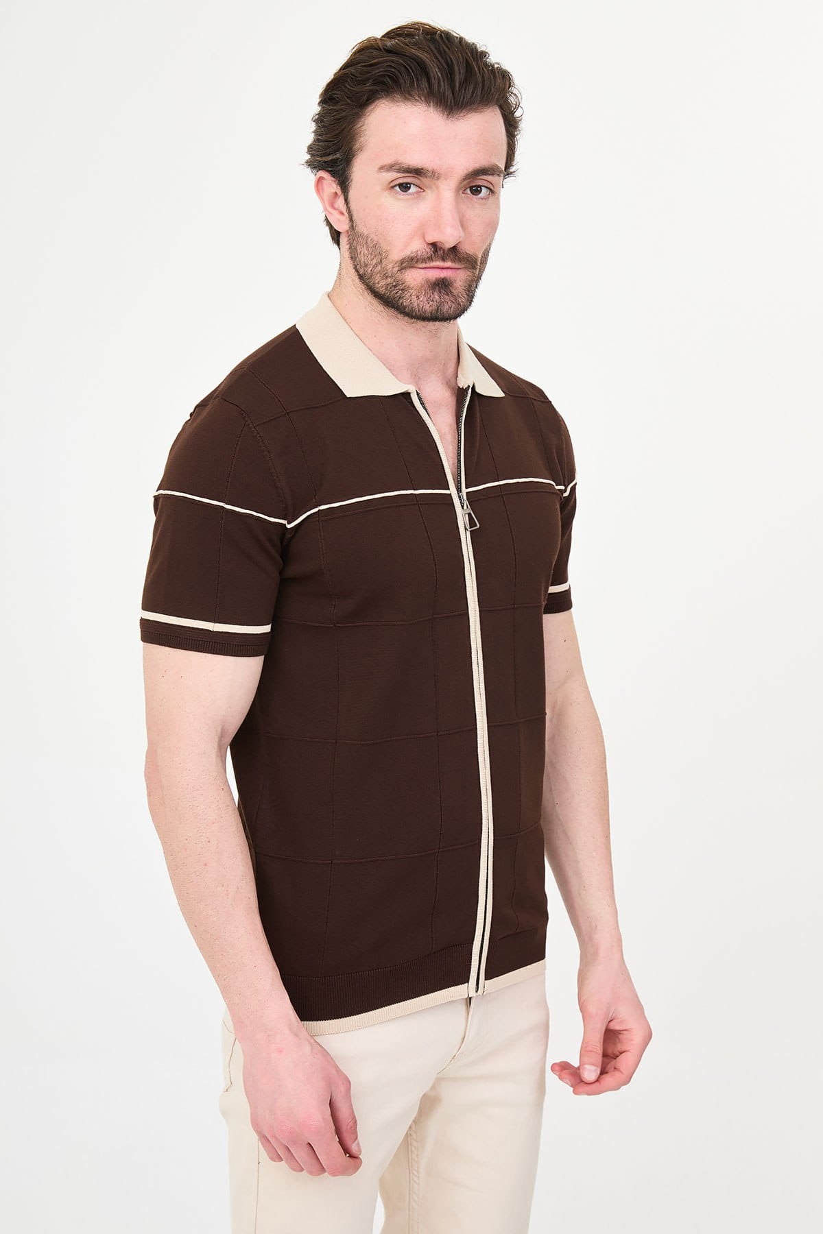 Men’s Brown Zip-Up Knit Polo Shirt