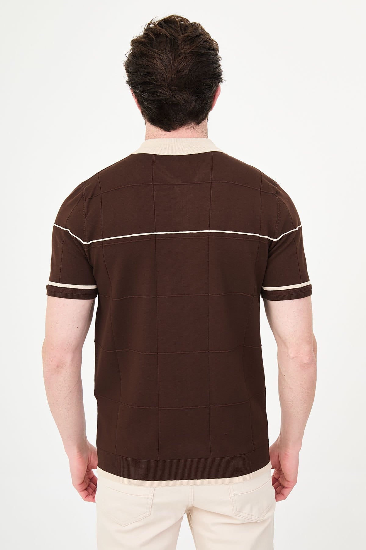 Men’s Brown Zip-Up Knit Polo Shirt