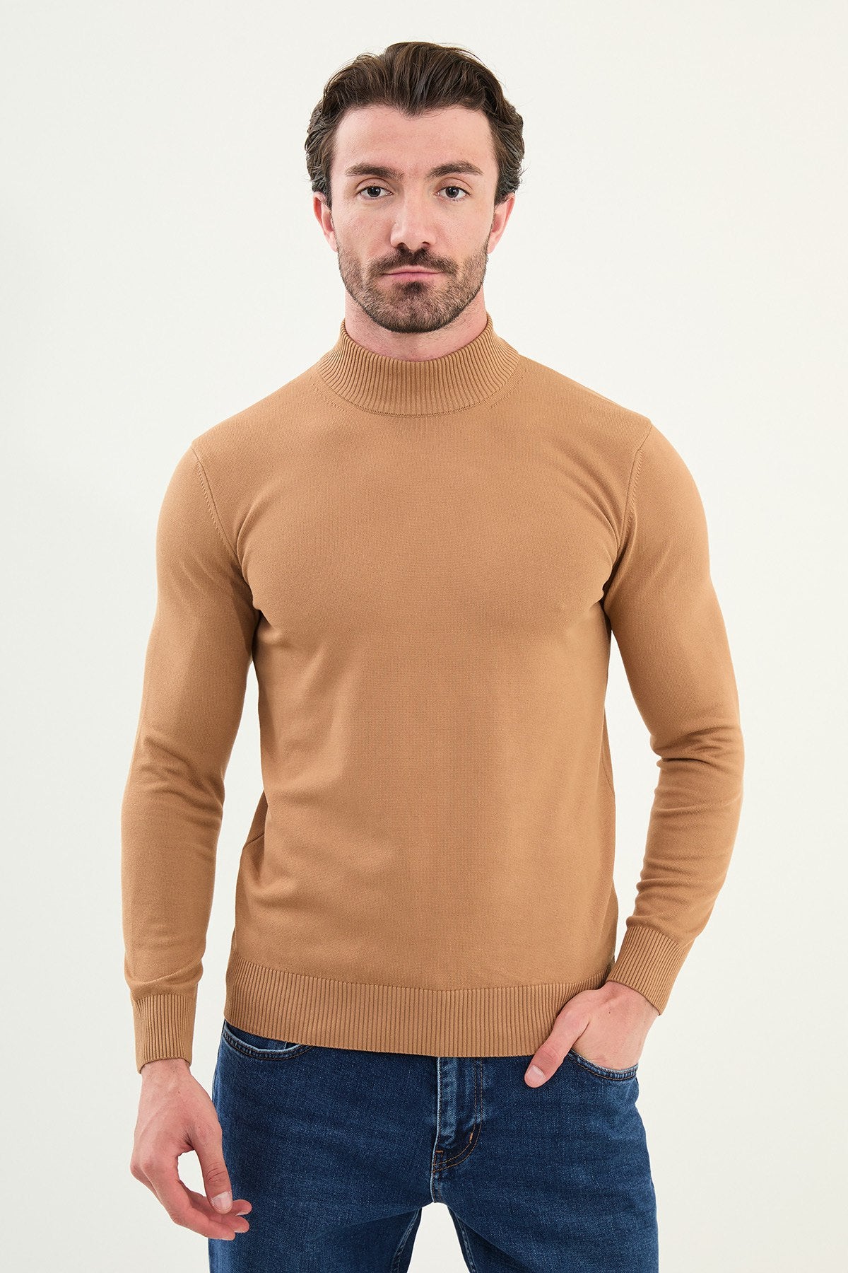 Men’s Camel Slim Fit Mock Neck Knitwear Sweater