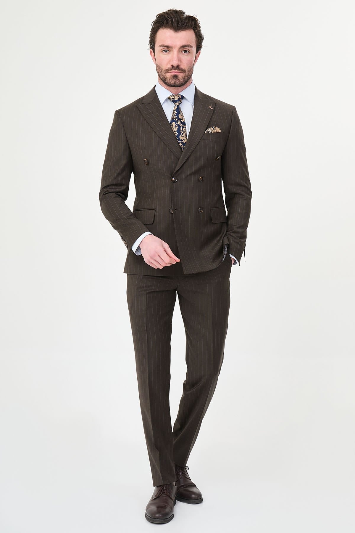 Men’s Chocolate Brown Pinstripe Double-Breasted Suit