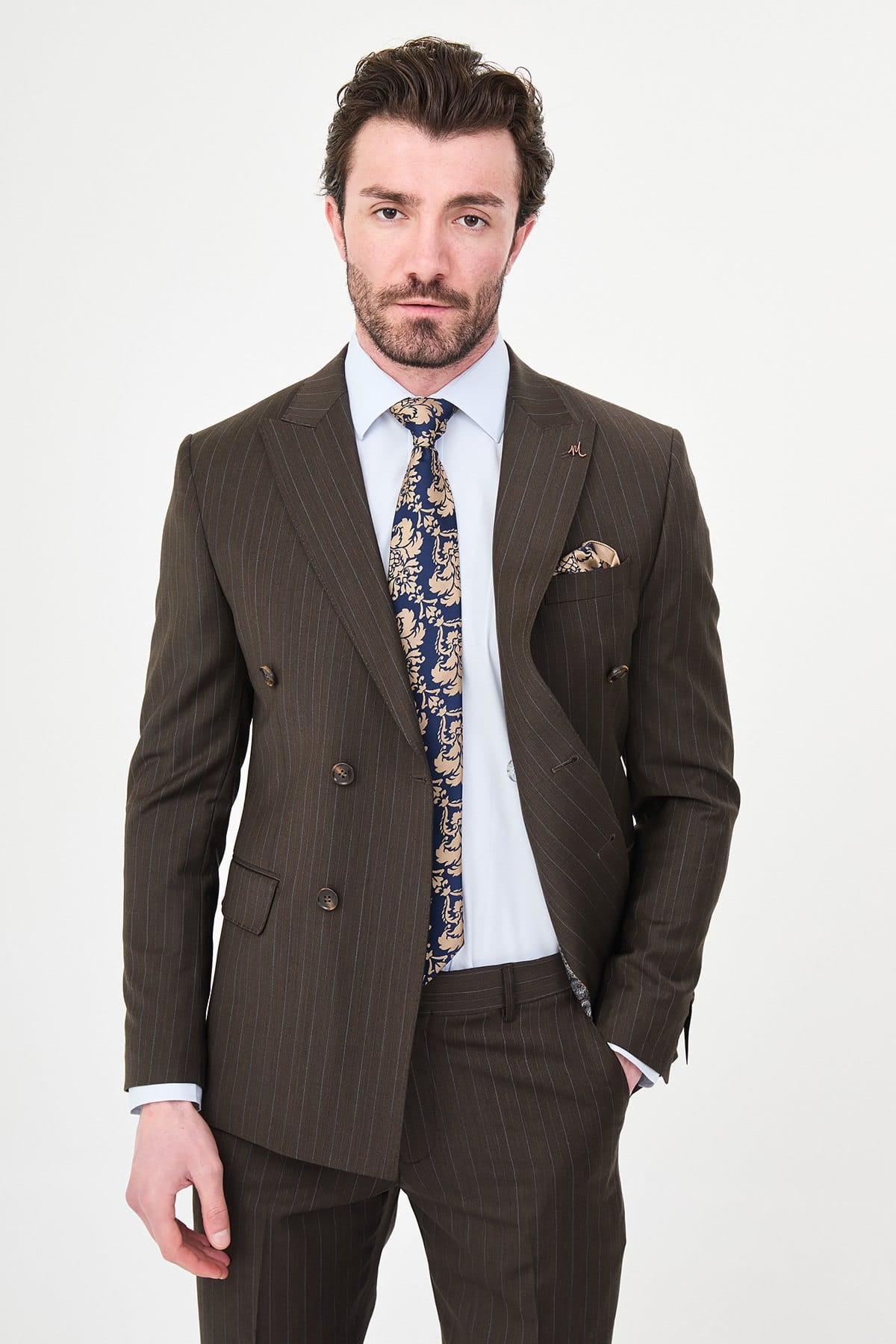 Men’s Chocolate Brown Pinstripe Double-Breasted Suit