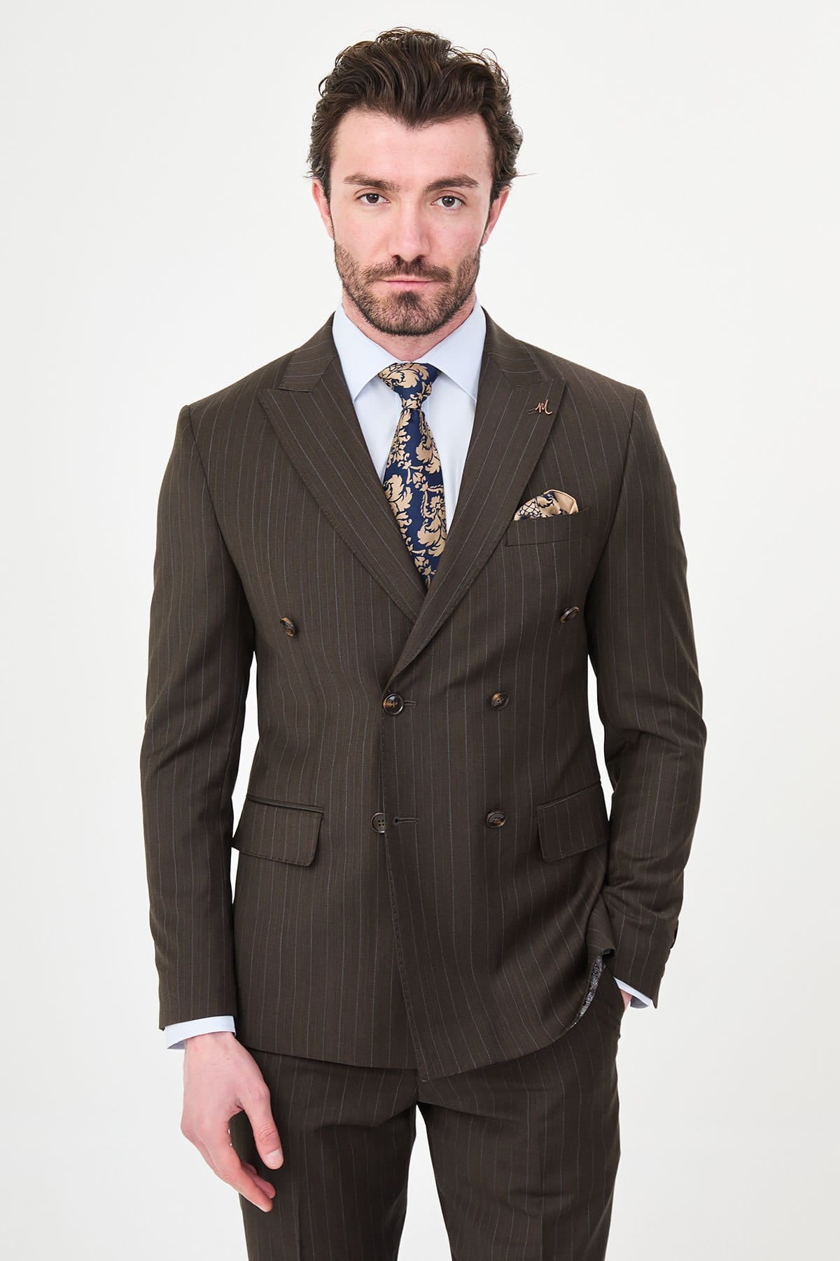 Men’s Chocolate Brown Pinstripe Double-Breasted Suit