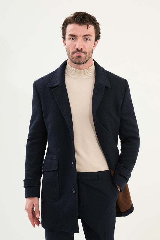 Men’s Dark Blue Slim Fit Wool Blend Coat