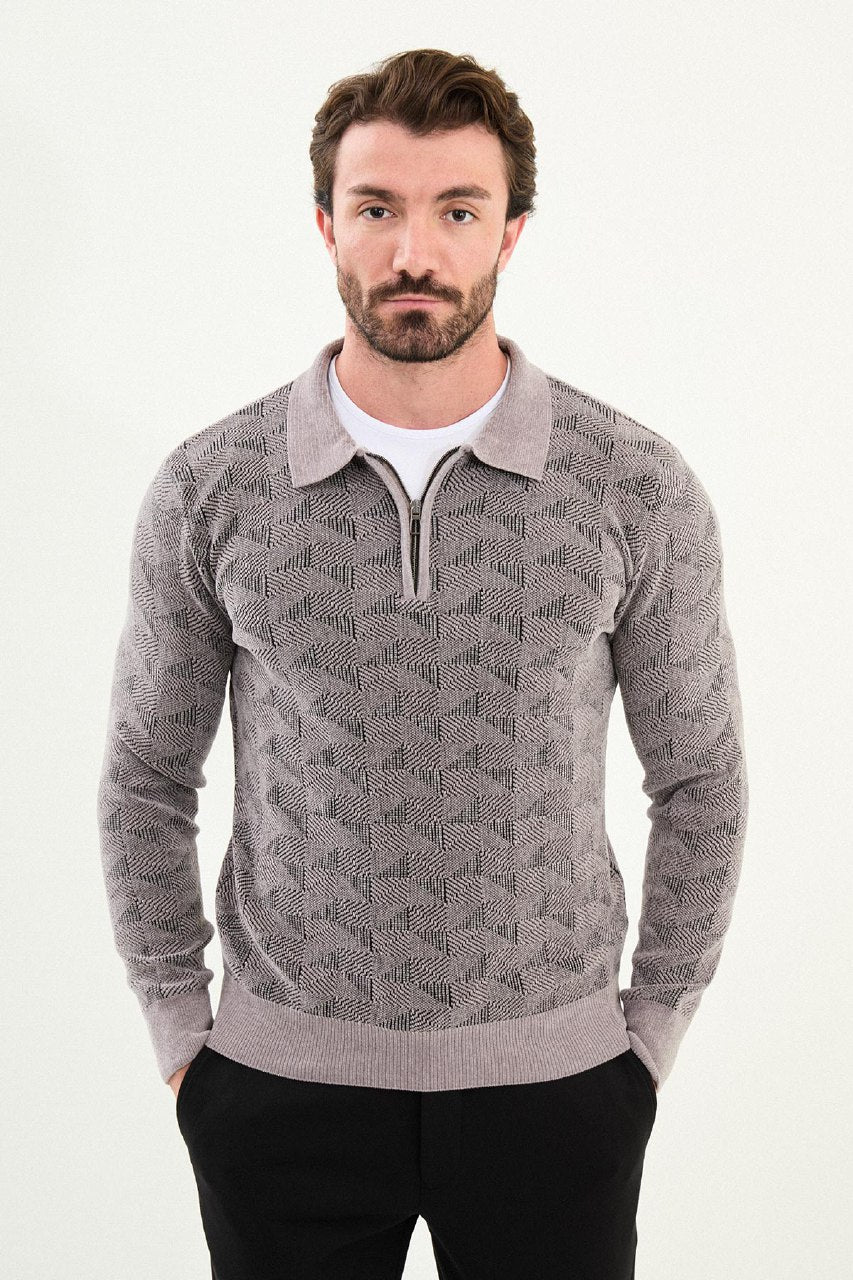 Men’s Gray Geometric Half-Zip Knitwear Polo Sweater