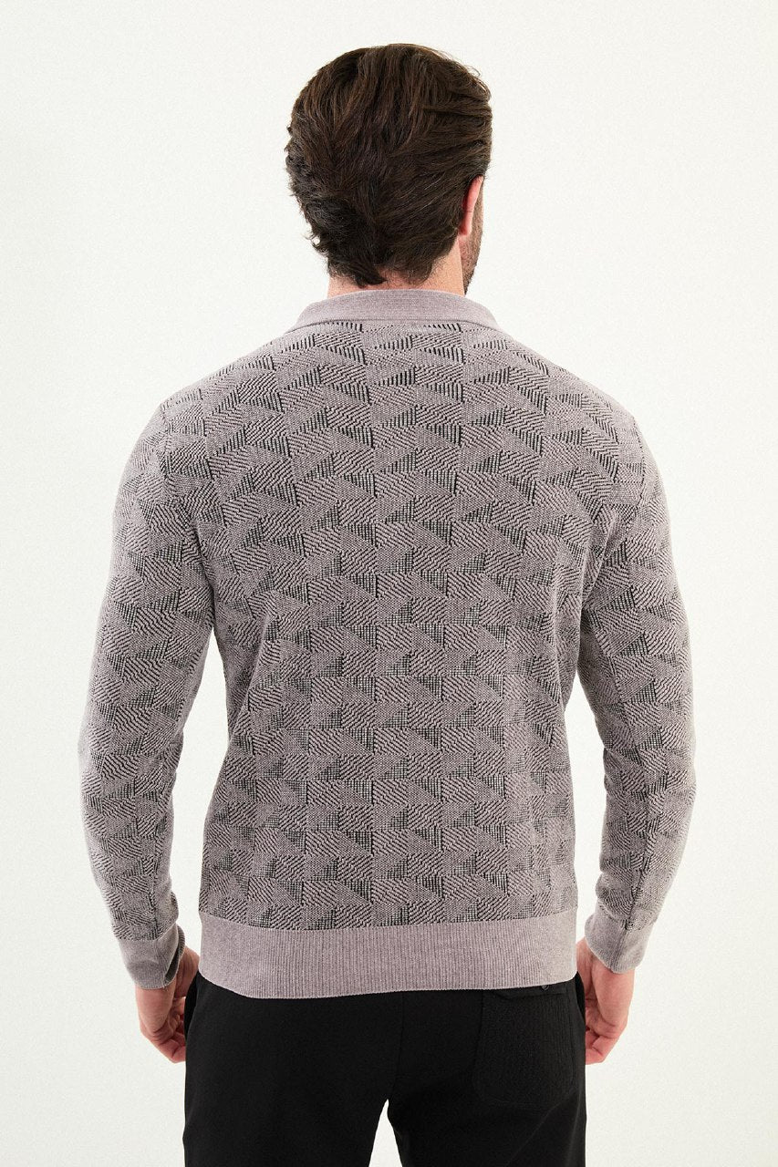 Men’s Gray Geometric Half-Zip Knitwear Polo Sweater