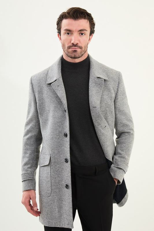 Men’s Gray Herringbone Double-Breasted Slim Fit Coat