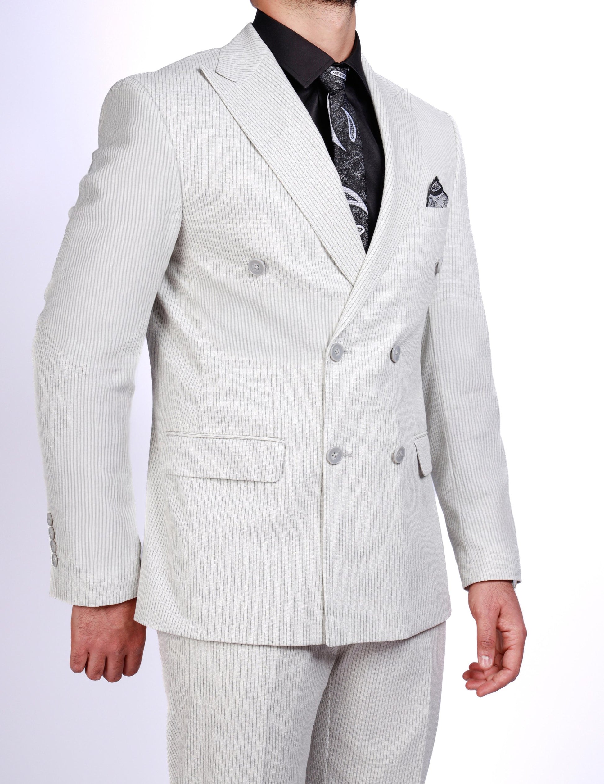 Light gray pinstripe suit on a white background