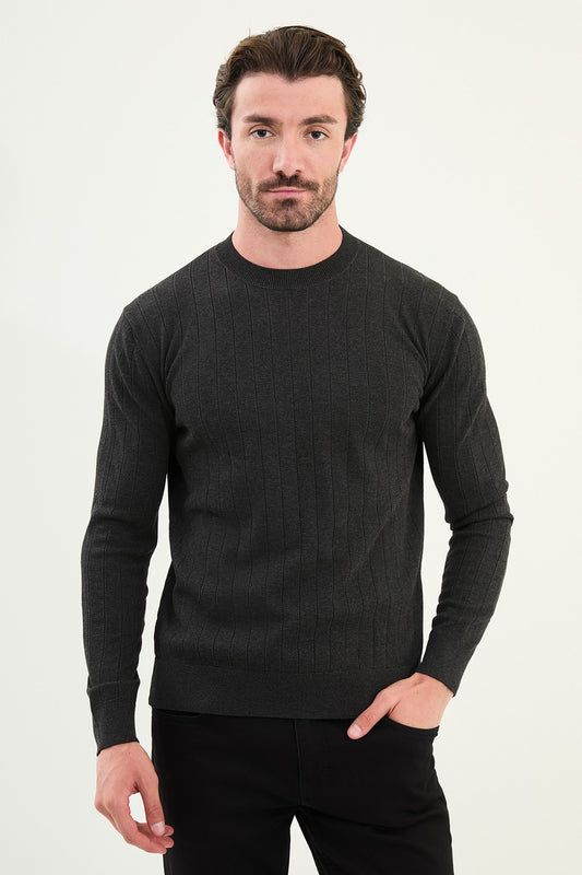 Men’s Gray Ribbed Slim Fit Knitwear Sweater