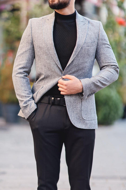 Men’s Gray Slim Fit Mono-Collar Textured Jacket