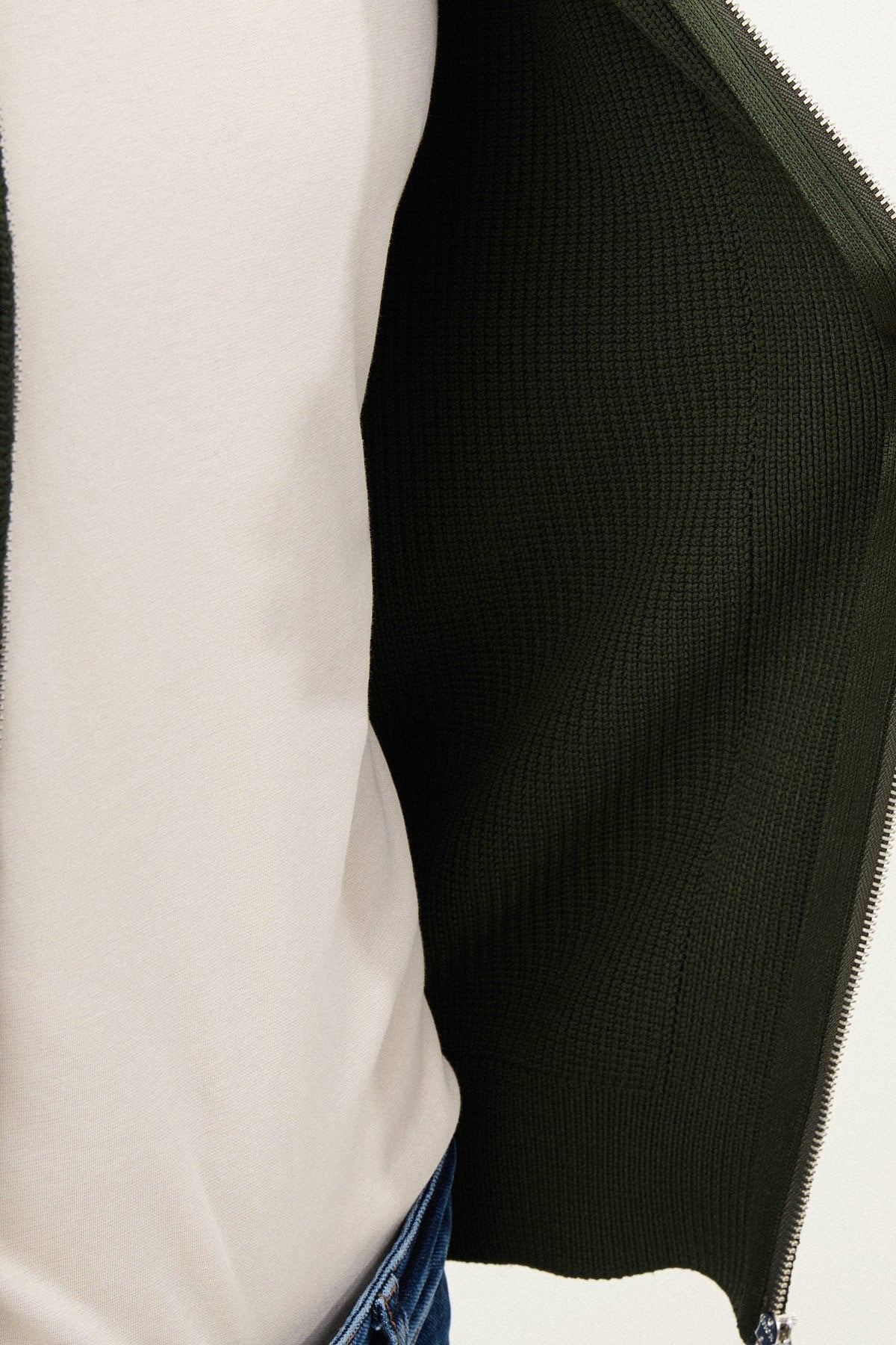 Men’s Green Ribbed Slim Fit Zip-Up Knitwear Sweater