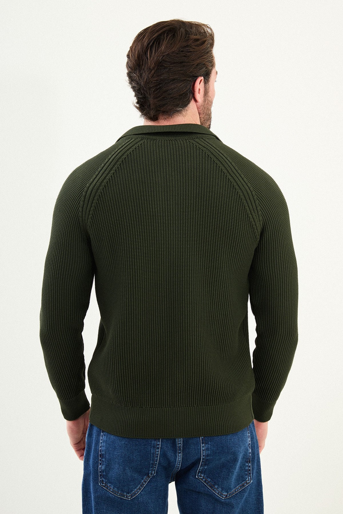 Men’s Green Ribbed Slim Fit Zip-Up Knitwear Sweater