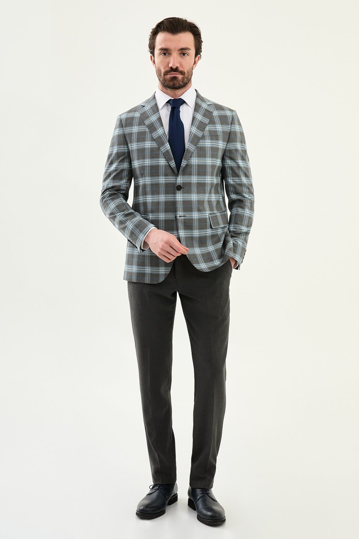 Men’s Grey Blue Windowpane Check Slim-Fit Suit
