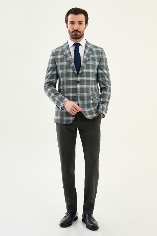 Men’s Grey Blue Windowpane Check Slim-Fit Suit