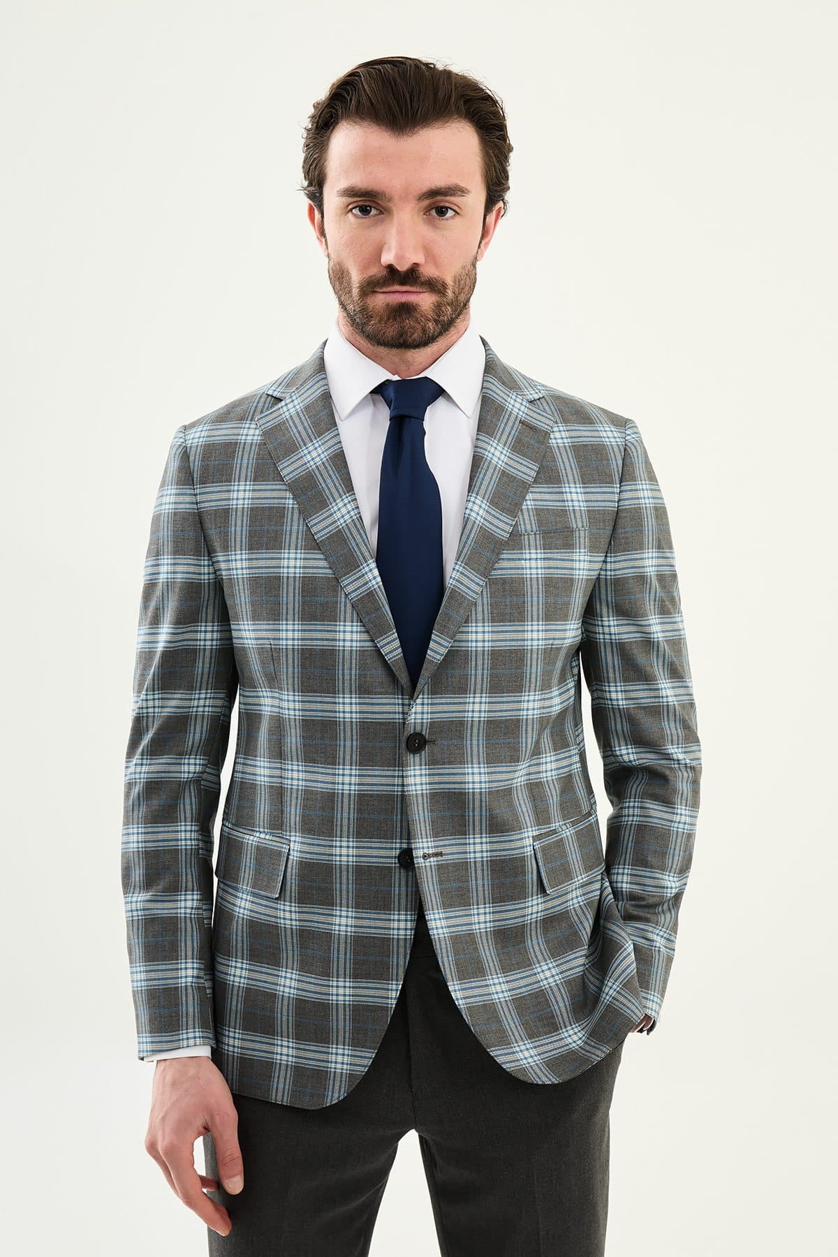 Men’s Grey Blue Windowpane Check Slim-Fit Suit