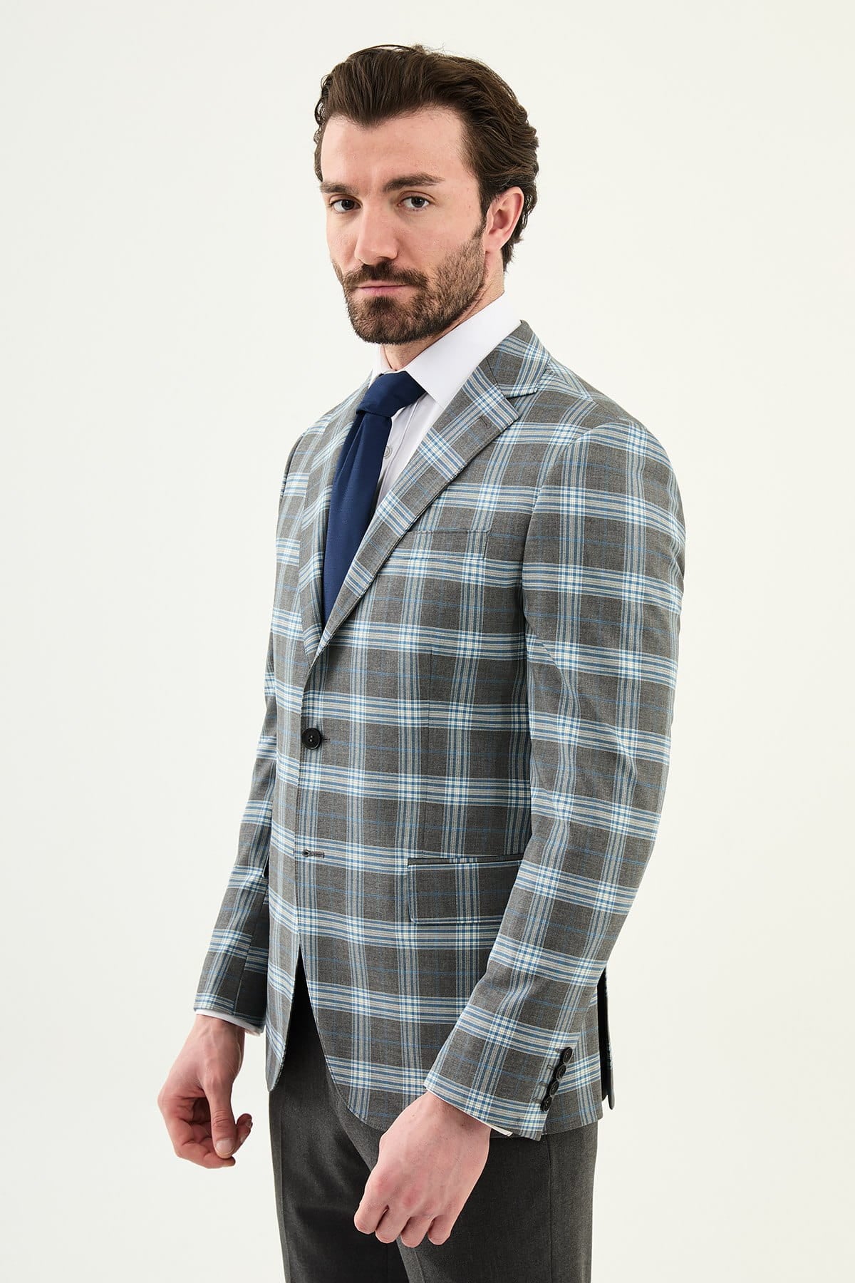 Men’s Grey Blue Windowpane Check Slim-Fit Suit