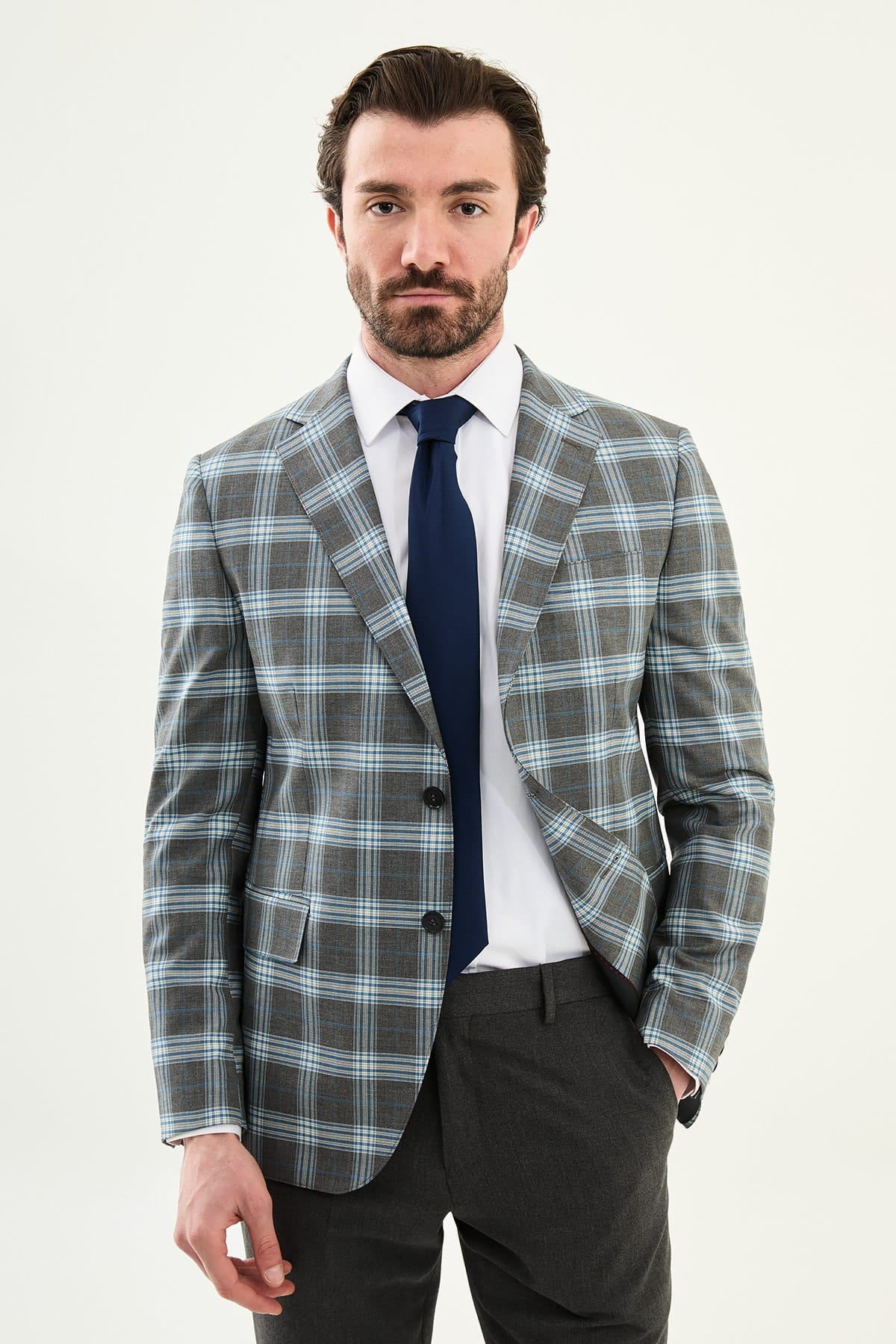 Men’s Grey Blue Windowpane Check Slim-Fit Suit