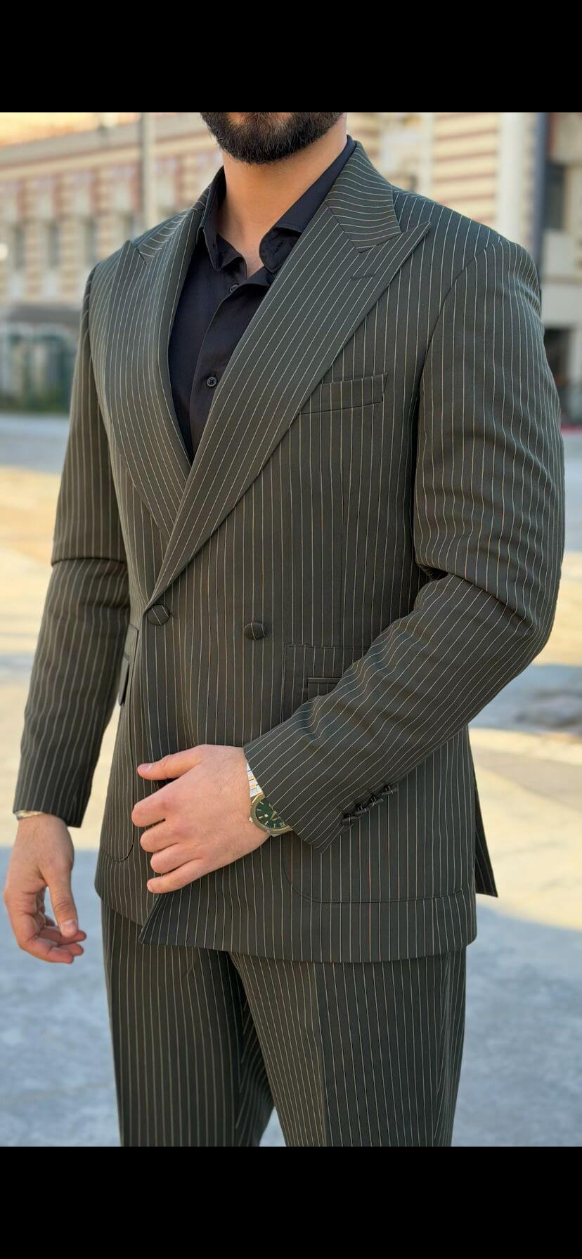 Men’s Khaki Pinstripe Slim Fit Suit
