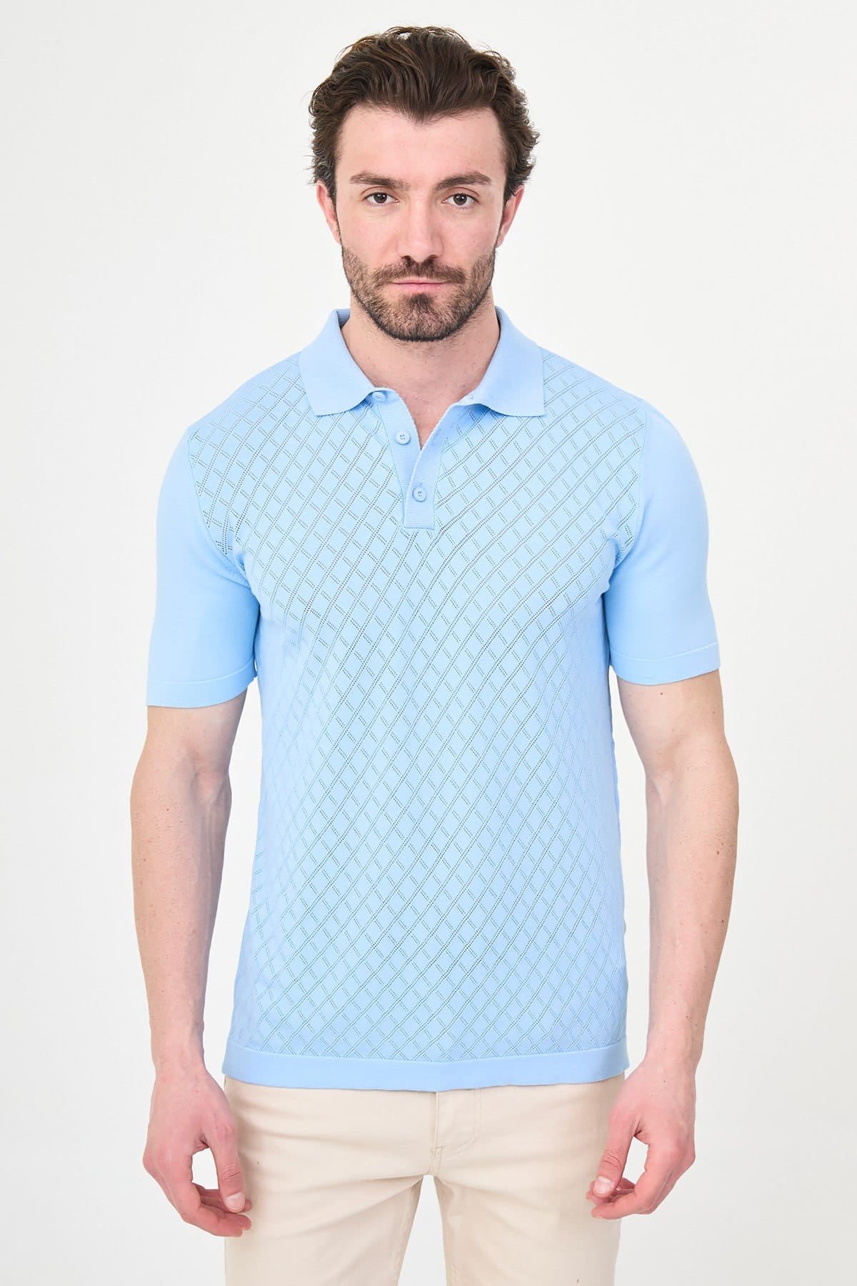 Men’s Light Blue Diamond Textured Polo T-Shirt