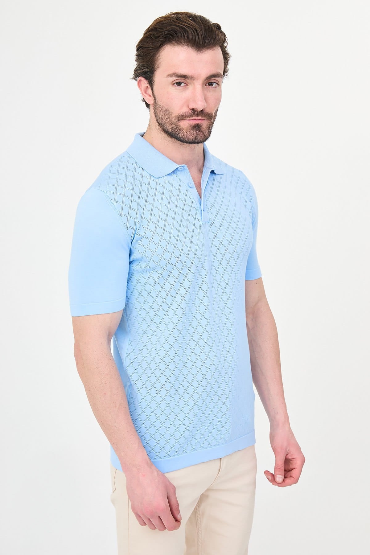 Men’s Light Blue Diamond Textured Polo T-Shirt