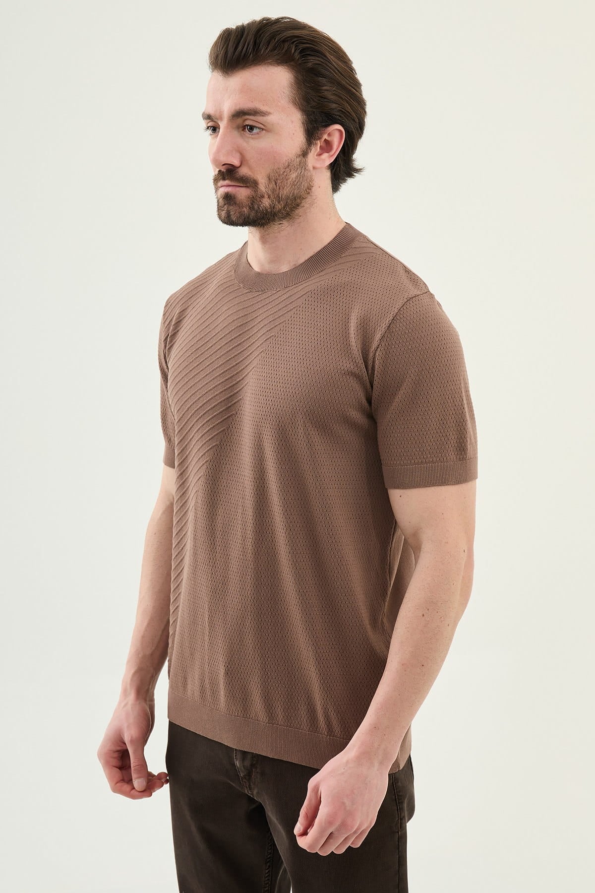 Men’s Light Brown Slim Fit Crew Neck Patterned Knit T-Shirt