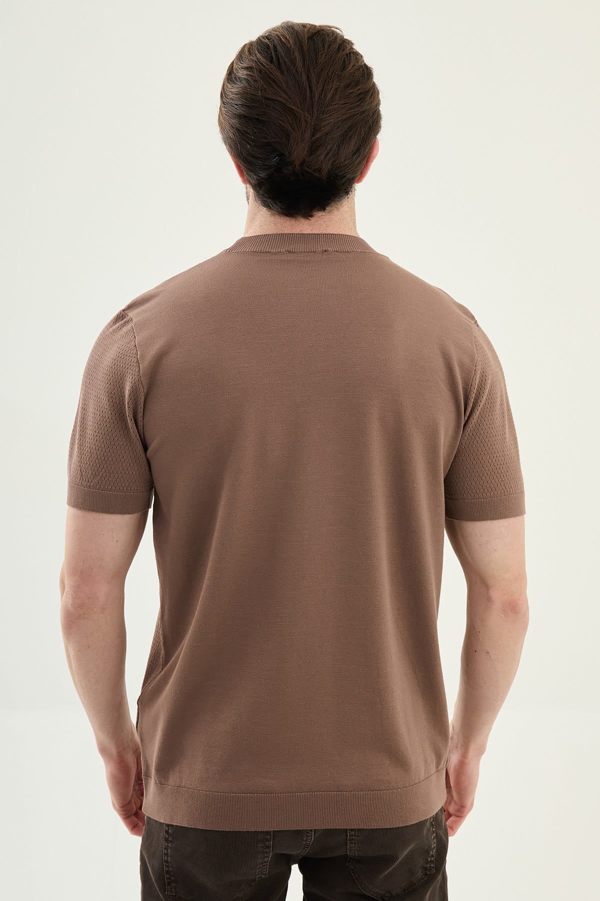 Men’s Light Brown Slim Fit Crew Neck Patterned Knit T-Shirt