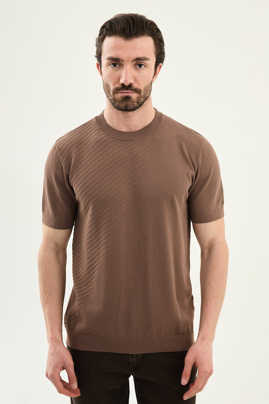 Men’s Light Brown Slim Fit Crew Neck Patterned Knit T-Shirt