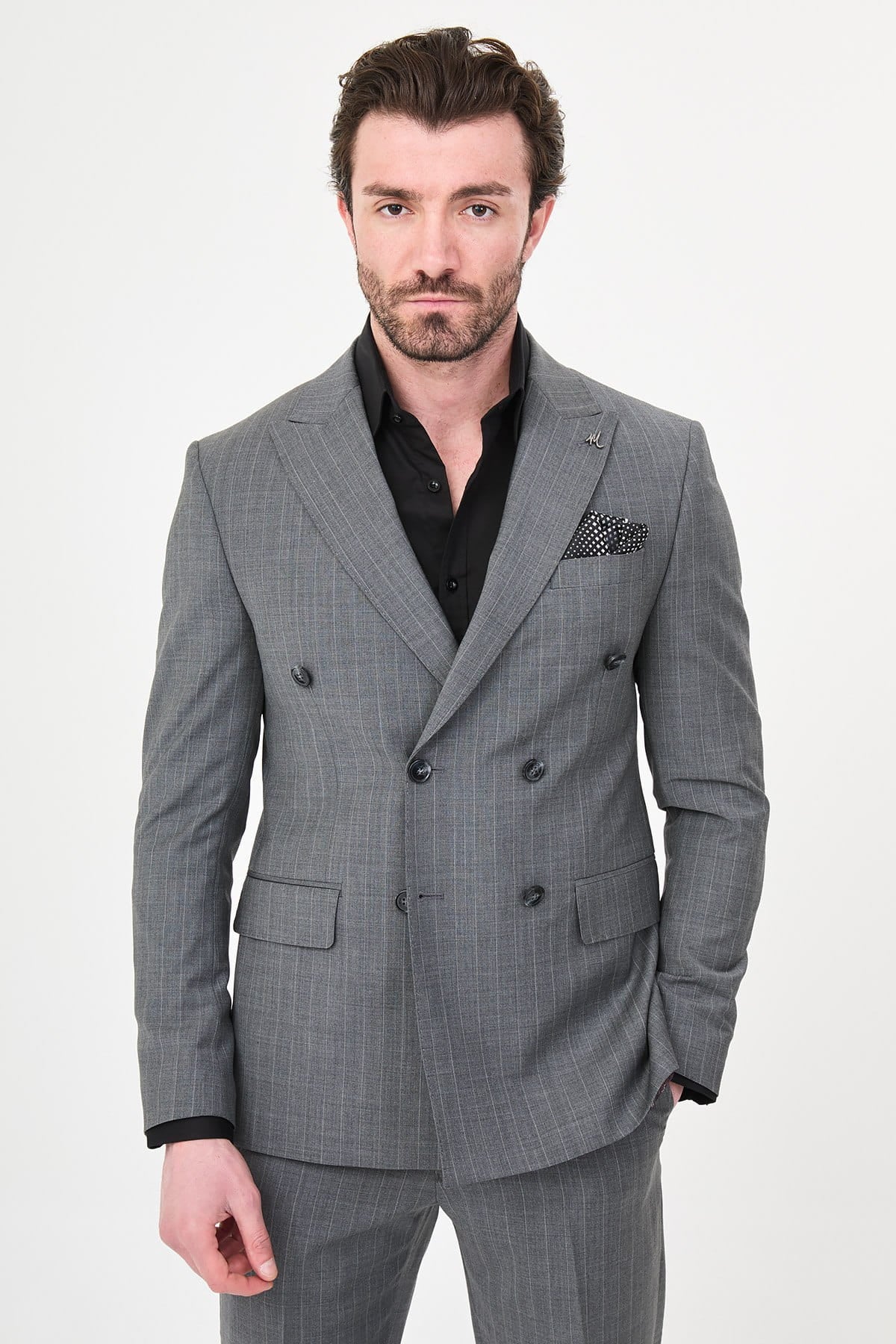 Men’s Light Grey Pinstripe Double-Breasted Wool Suit