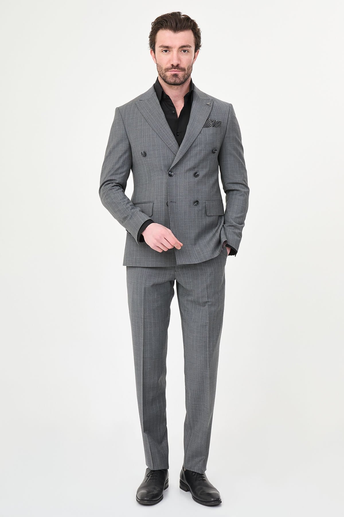 Men’s Light Grey Pinstripe Double-Breasted Wool Suit