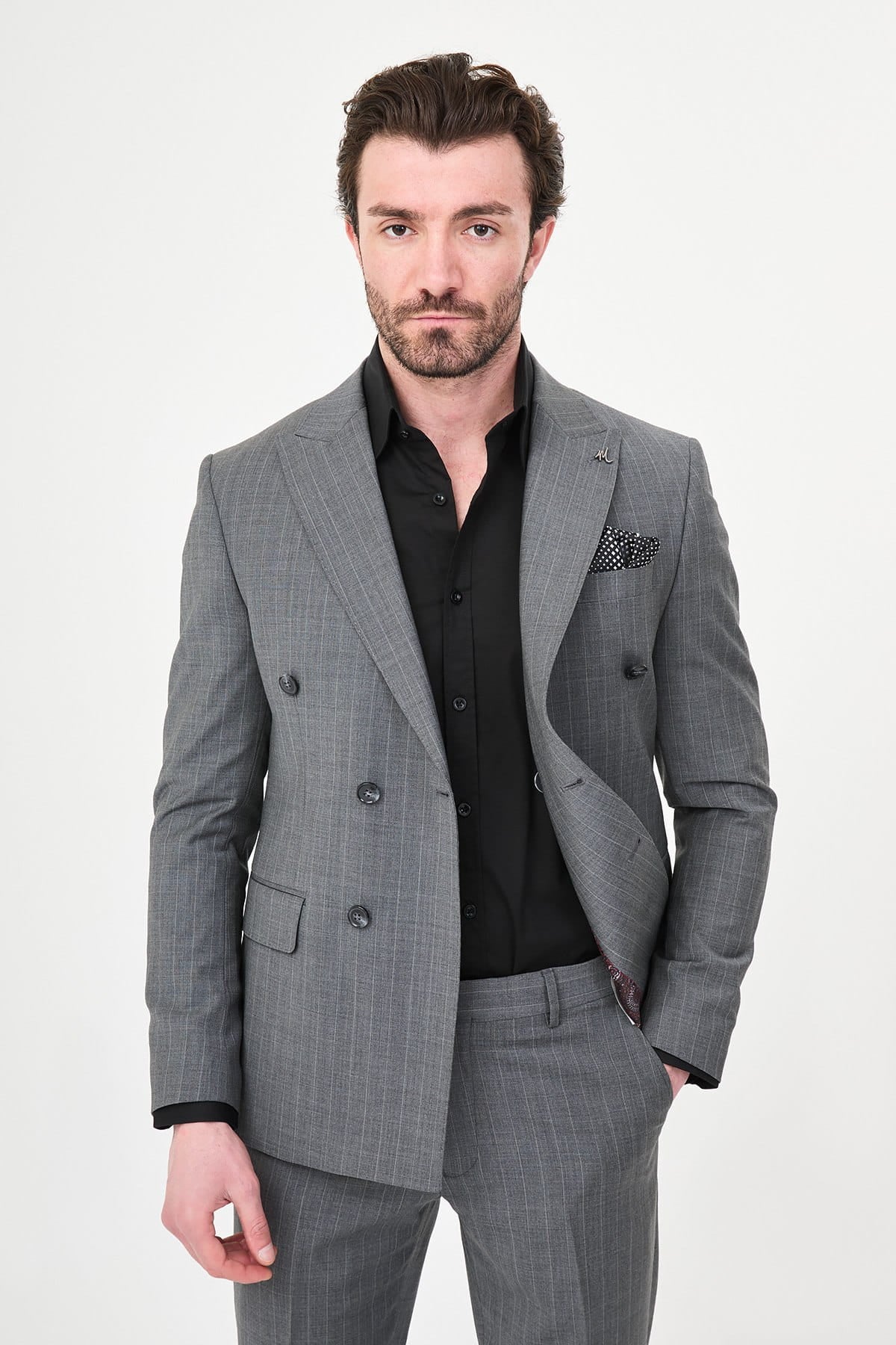 Men’s Light Grey Pinstripe Double-Breasted Wool Suit