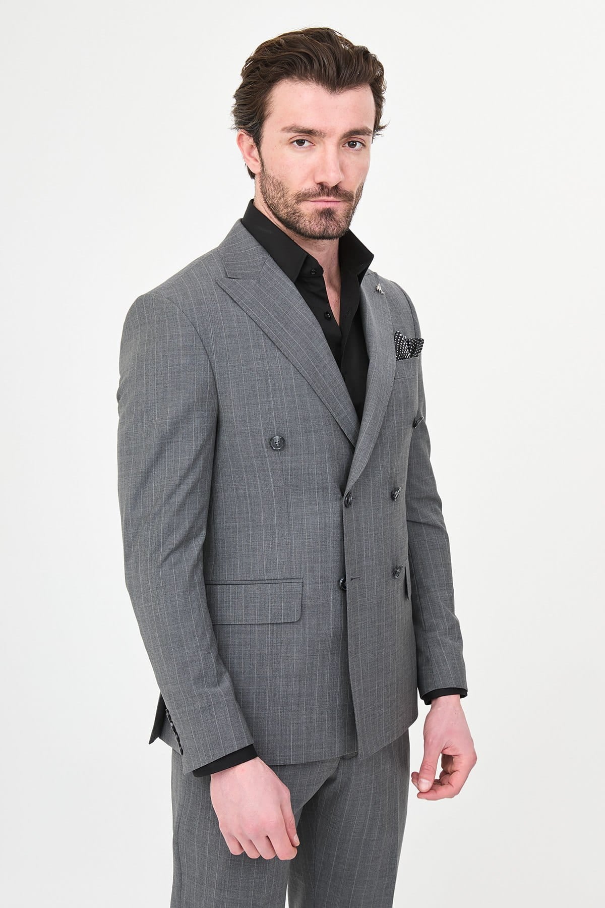 Men’s Light Grey Pinstripe Double-Breasted Wool Suit