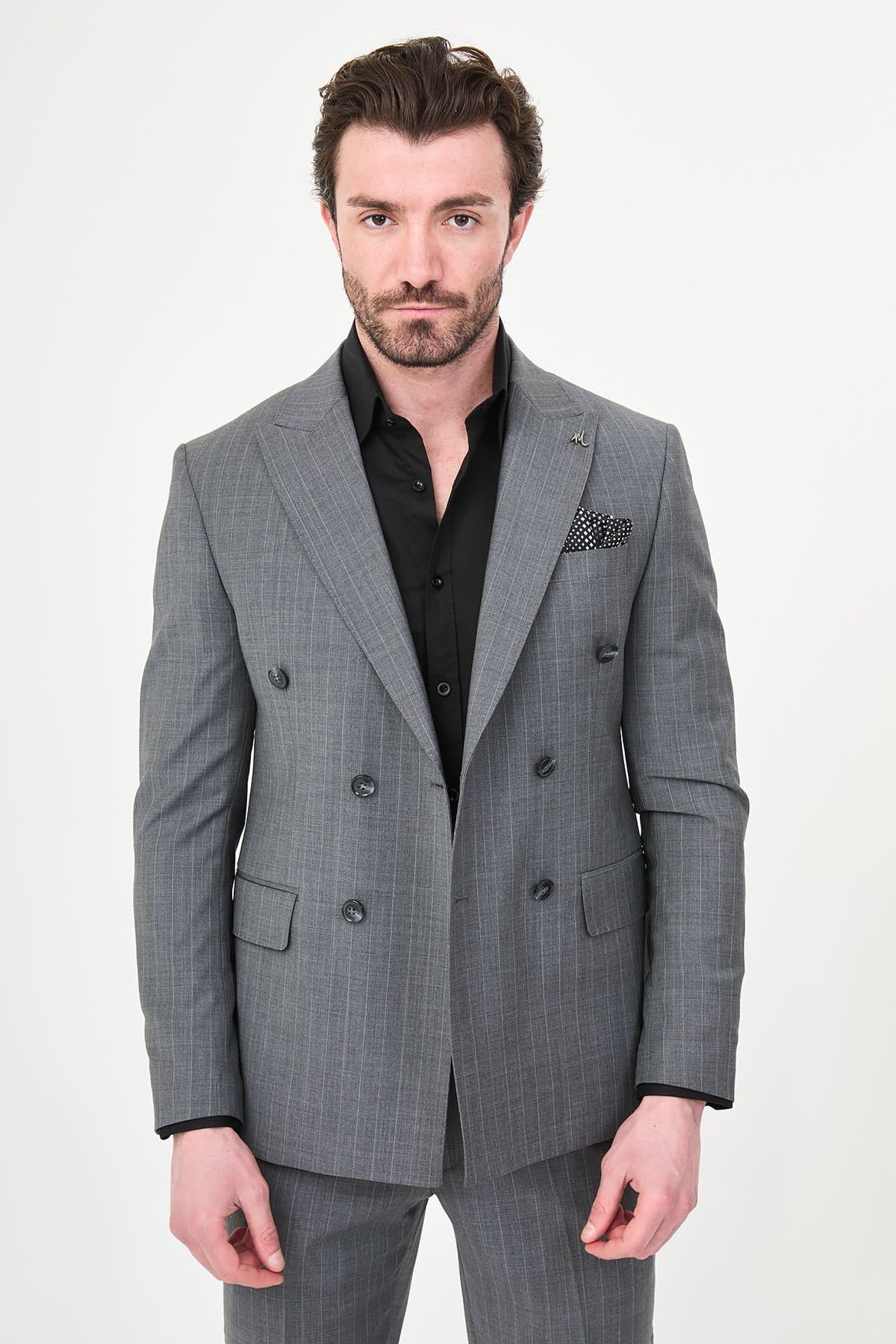 Men’s Light Grey Pinstripe Double-Breasted Wool Suit