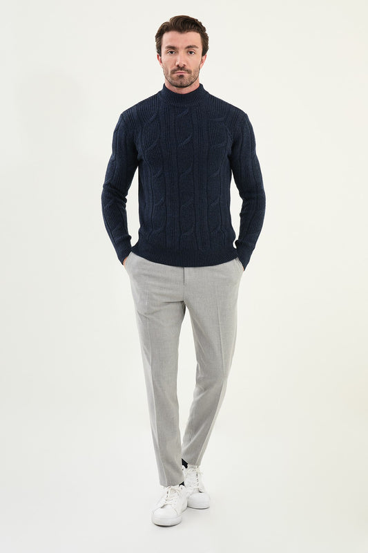 Men’s Navy Blue Cable Knit Slim Fit Sweater