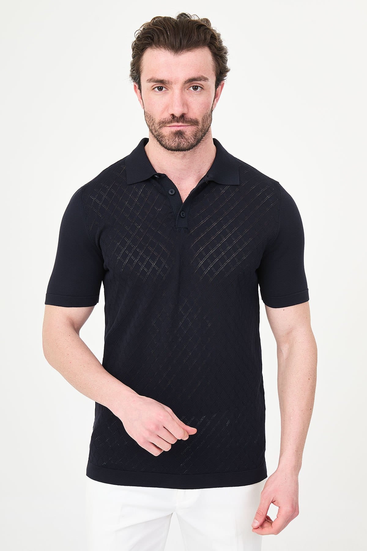 Men’s Navy Blue Diamond Textured Polo T-Shirt