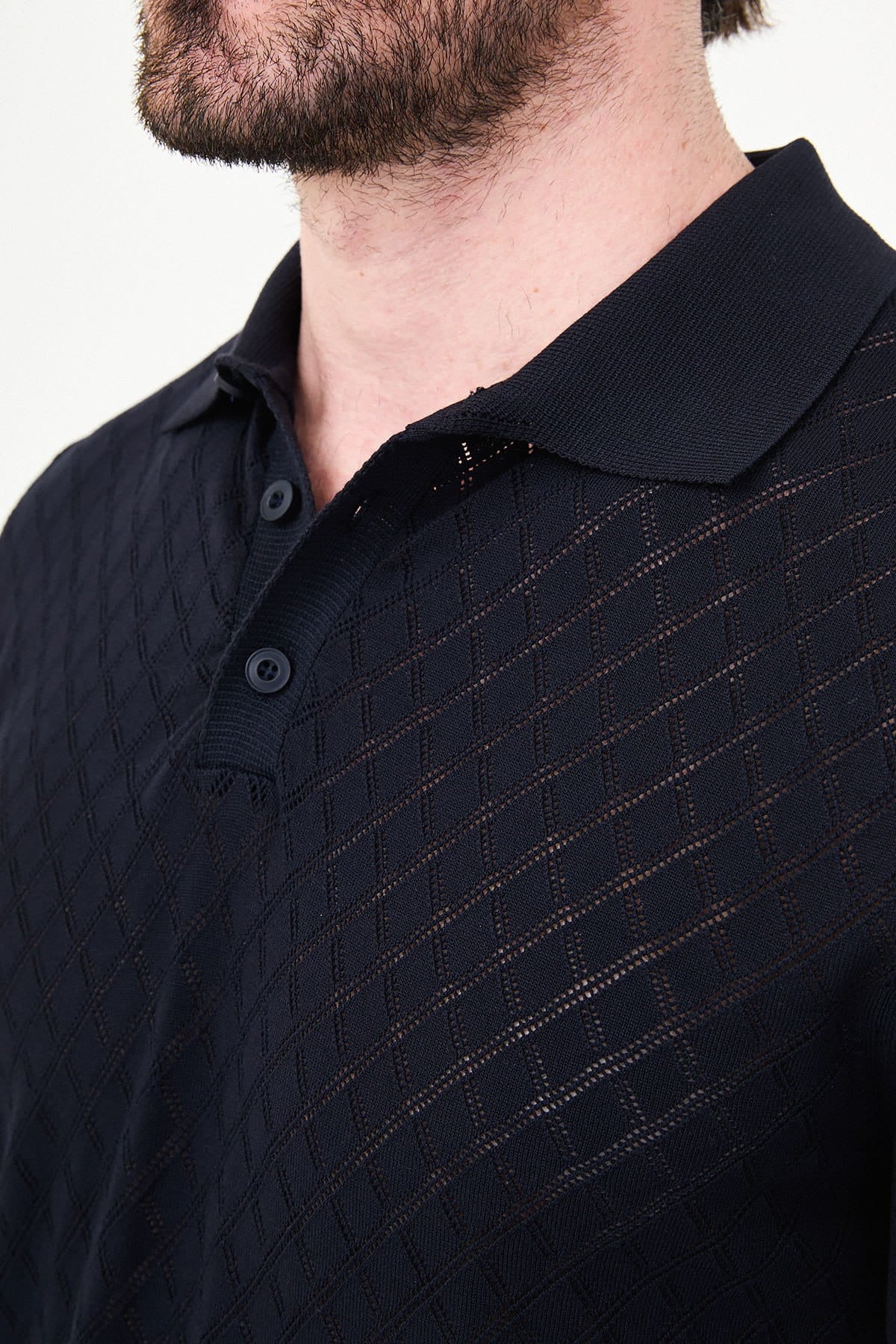 Men’s Navy Blue Diamond Textured Polo T-Shirt
