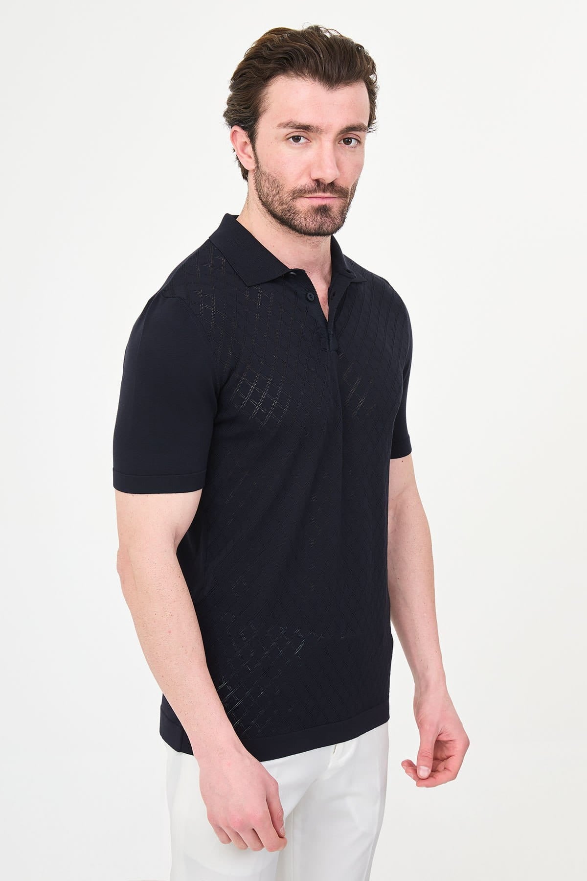 Men’s Navy Blue Diamond Textured Polo T-Shirt