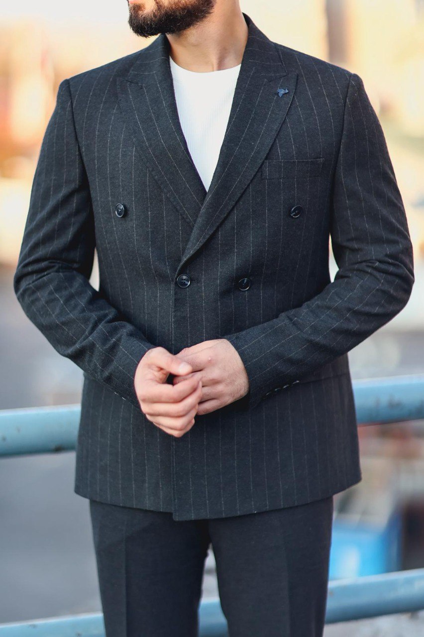 Men’s Navy Blue Slim Fit Double-Breasted Pinstripe Suit