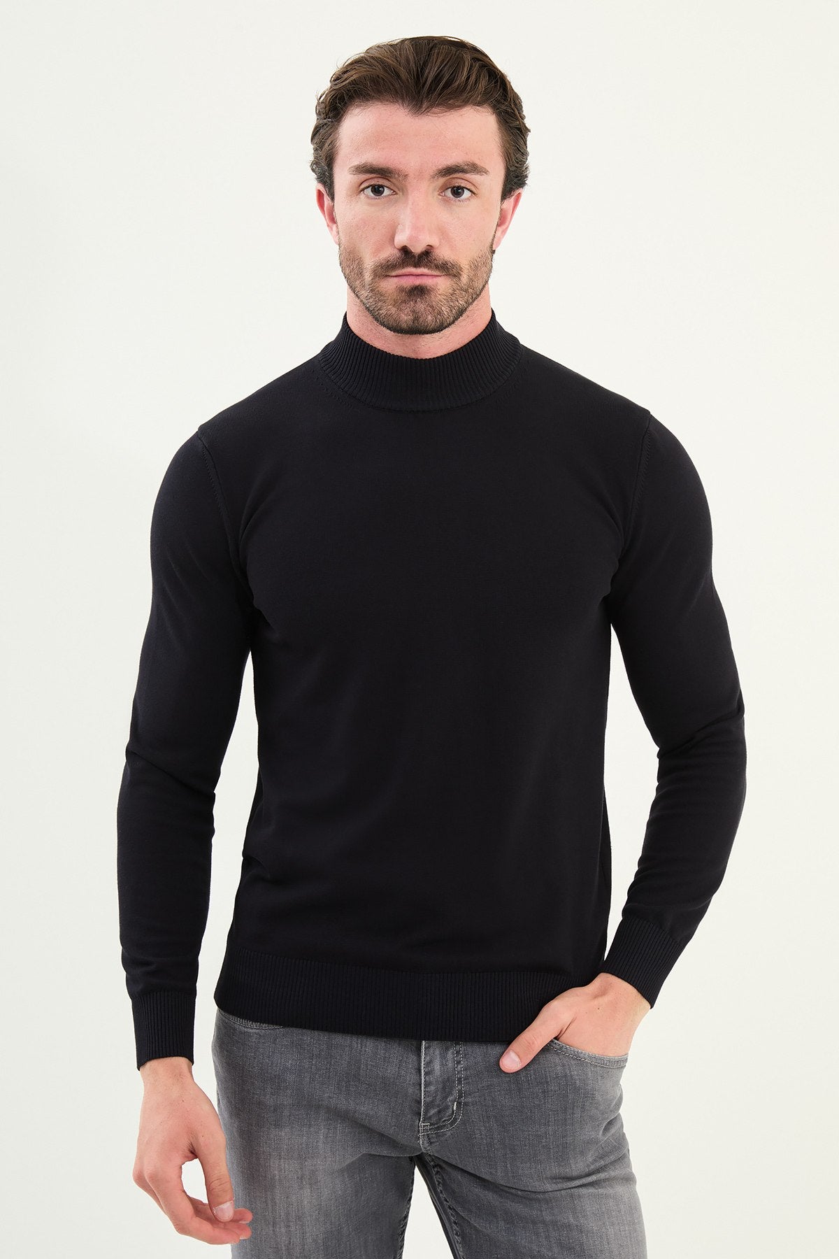Men’s Navy Blue Slim Fit Mock Neck Knitwear Sweater