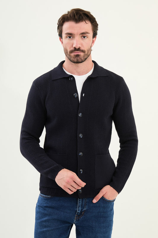 Men’s Navy Blue Textured Button-Up Knit Cardigan