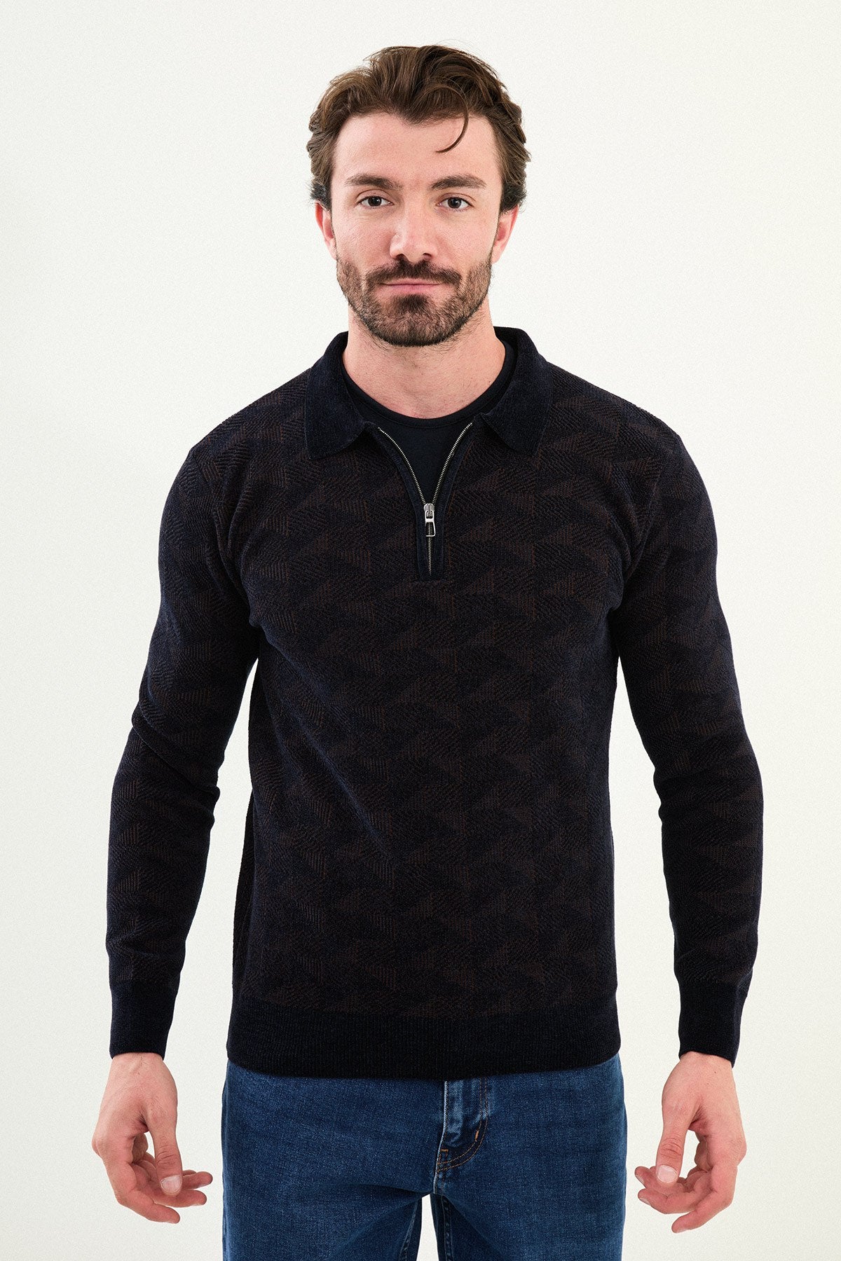Men’s Navy Blue Textured Half-Zip Knitwear Sweater