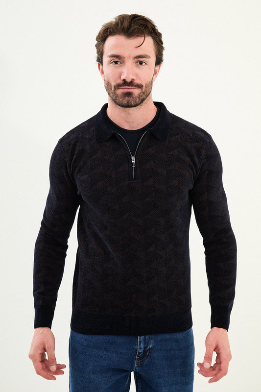 Men’s Navy Blue Textured Half-Zip Knitwear Sweater