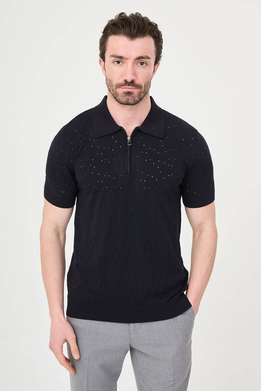 Men’s Navy Blue Textured Zip Polo T-Shirt