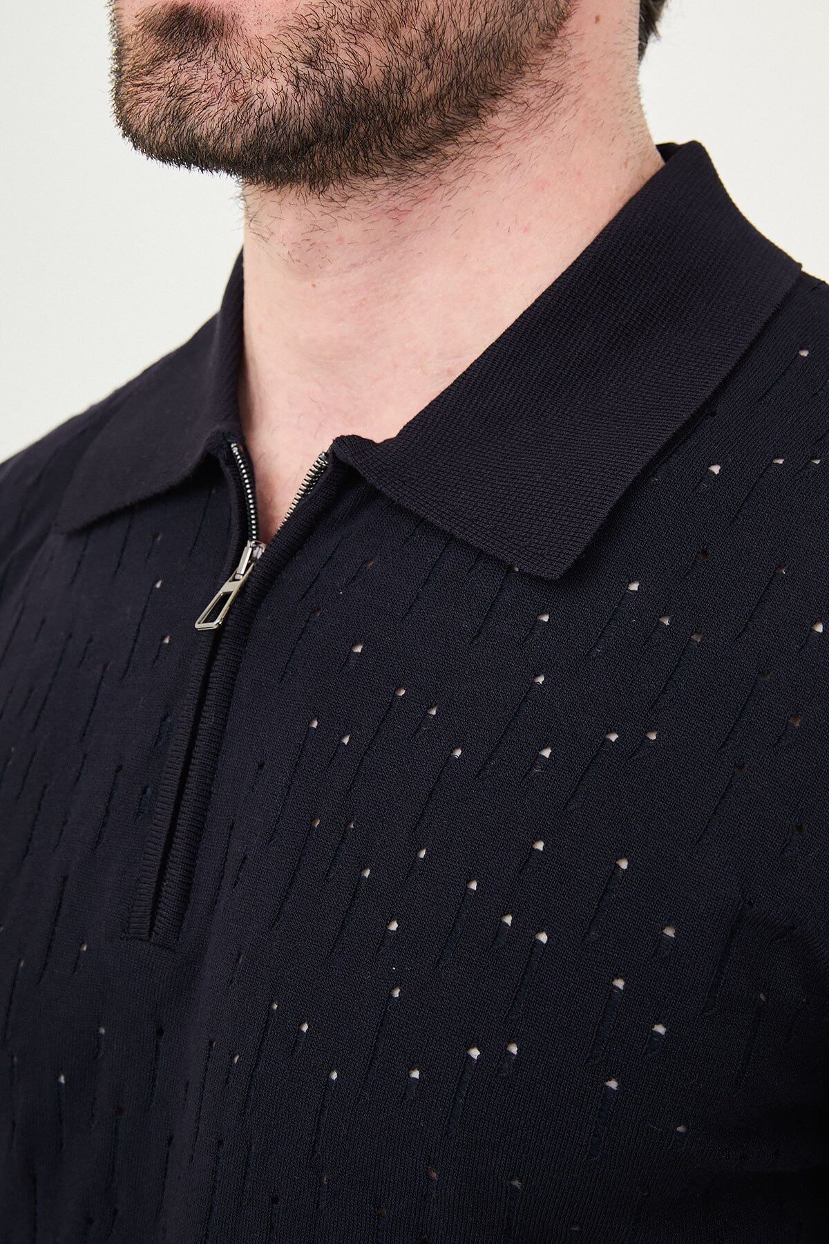 Men’s Navy Blue Textured Zip Polo T-Shirt
