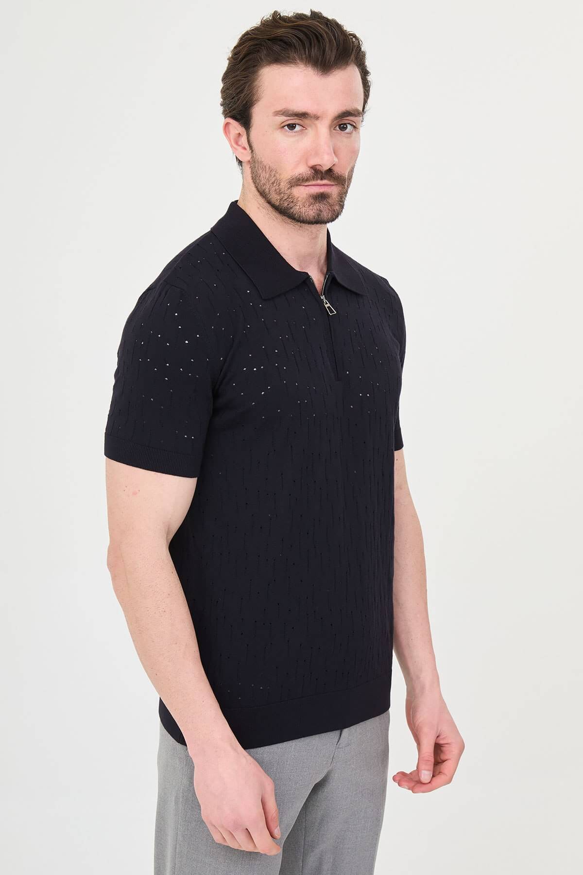 Men’s Navy Blue Textured Zip Polo T-Shirt