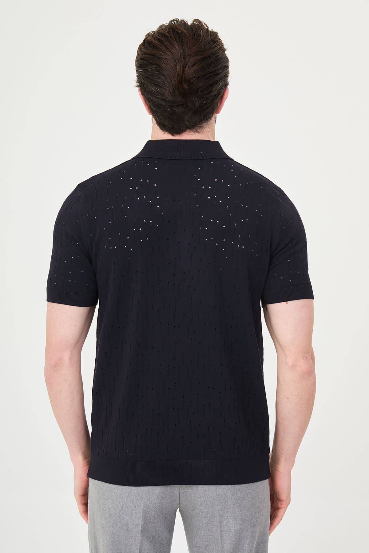 Men’s Navy Blue Textured Zip Polo T-Shirt