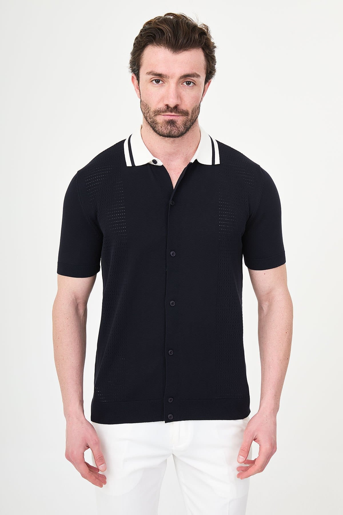 Men’s Navy Knit Button-Up Polo Shirt