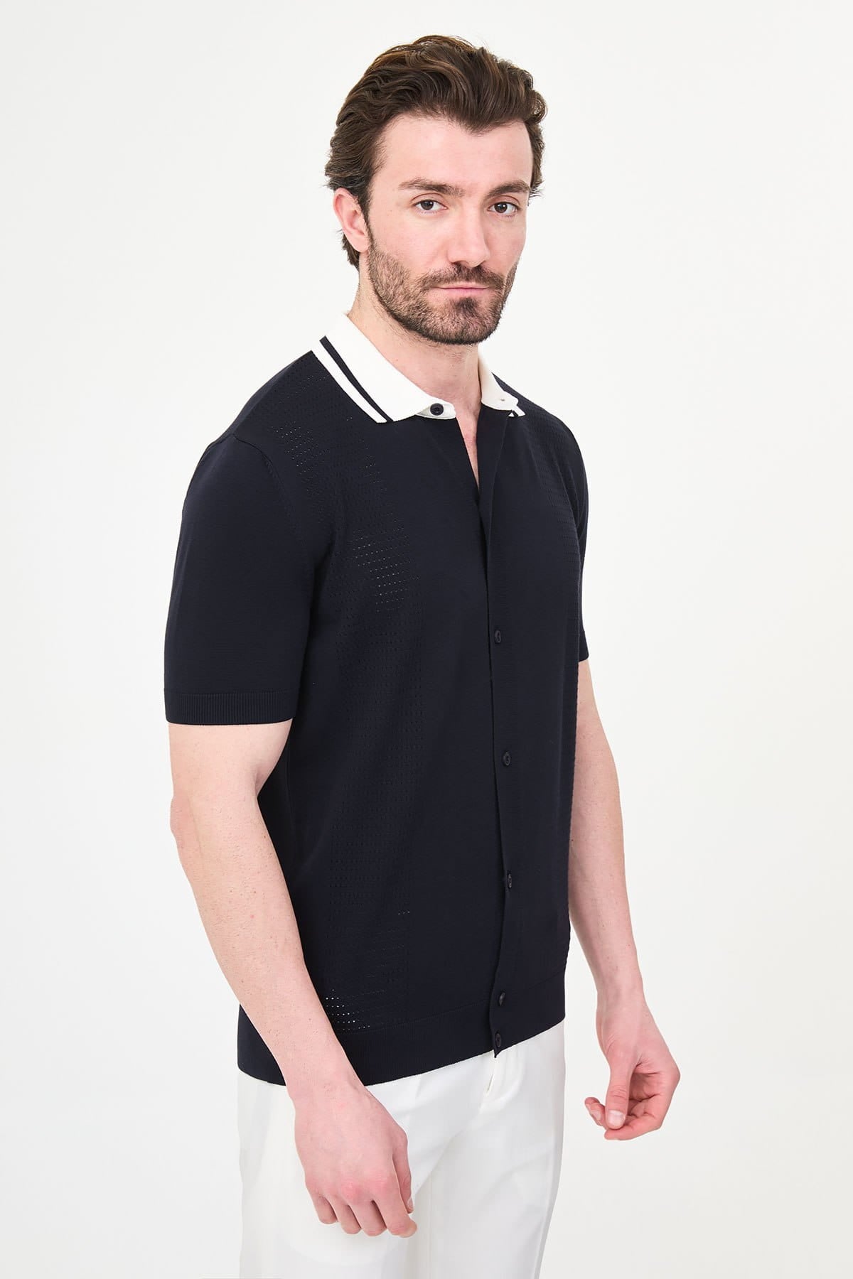 Men’s Navy Knit Button-Up Polo Shirt