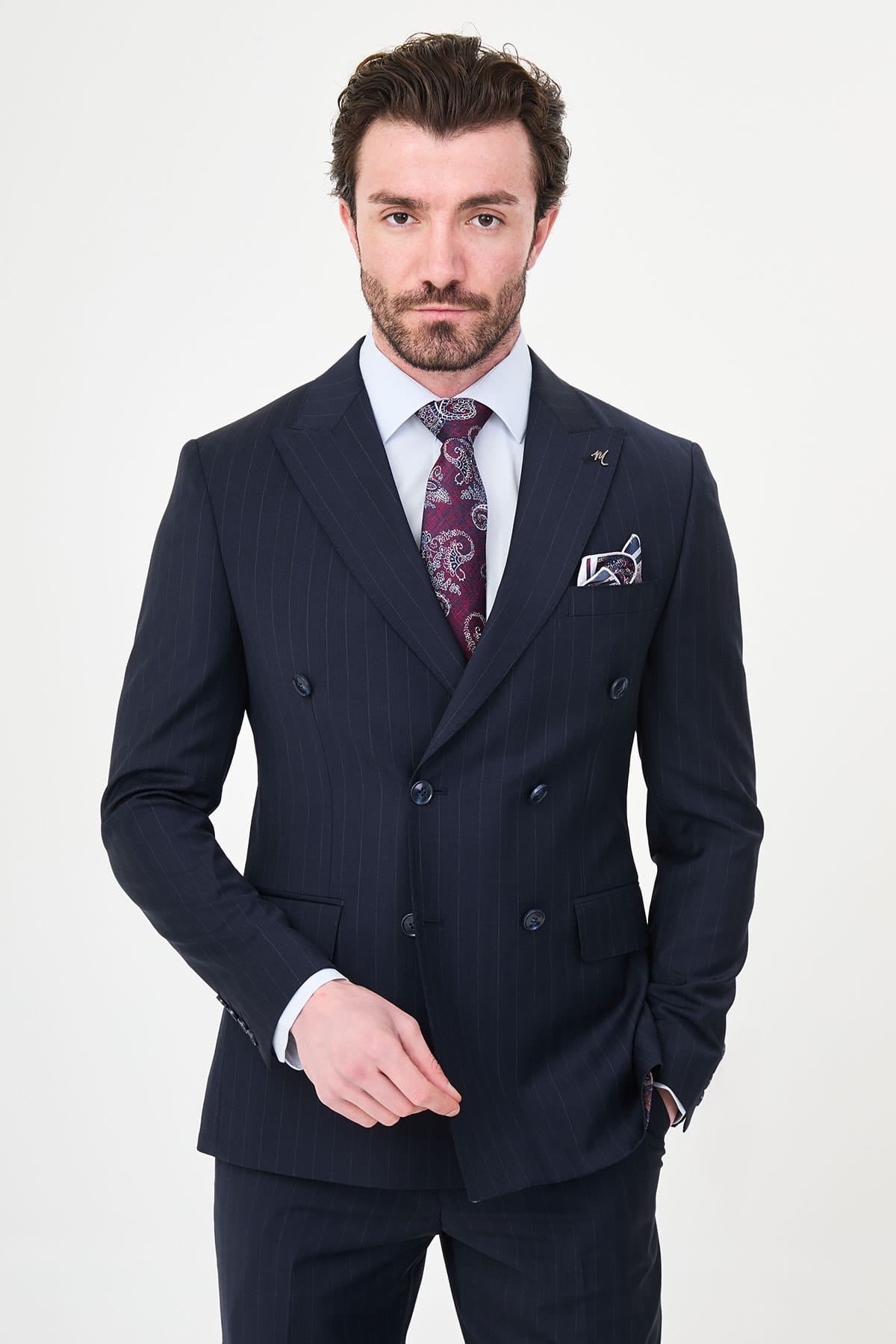 Men’s Navy Pinstripe Double-Breasted Wool Suit