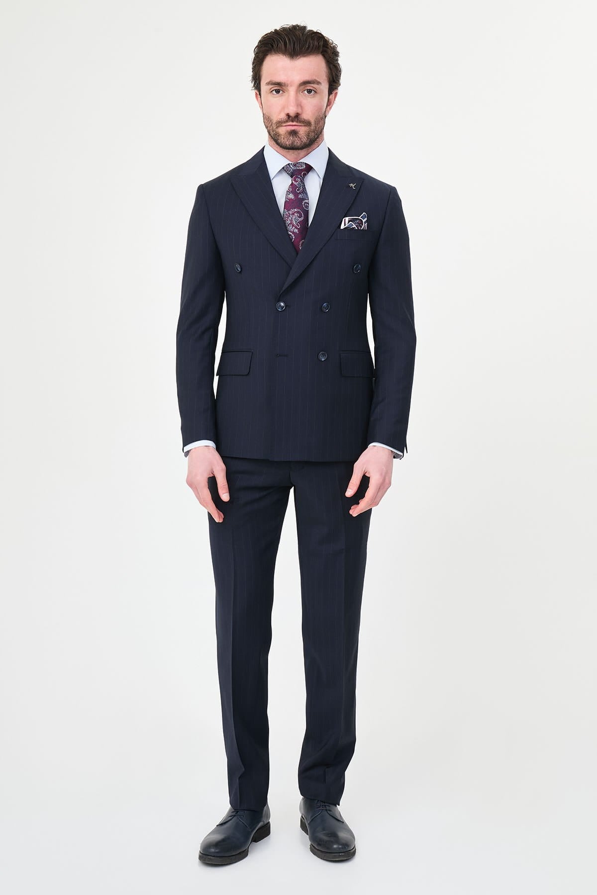 Men’s Navy Pinstripe Double-Breasted Wool Suit