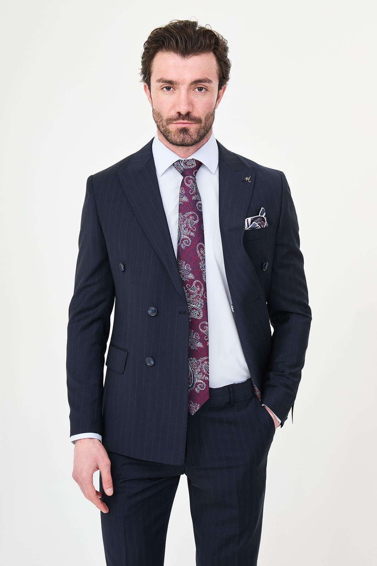Men’s Navy Pinstripe Double-Breasted Wool Suit