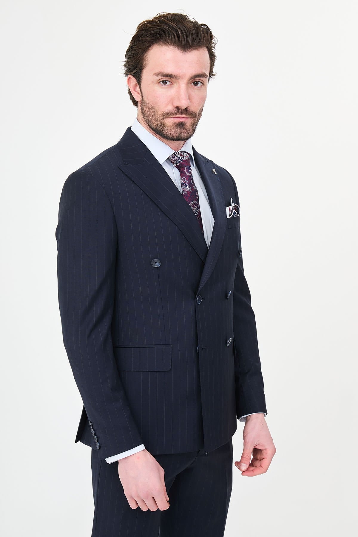 Men’s Navy Pinstripe Double-Breasted Wool Suit
